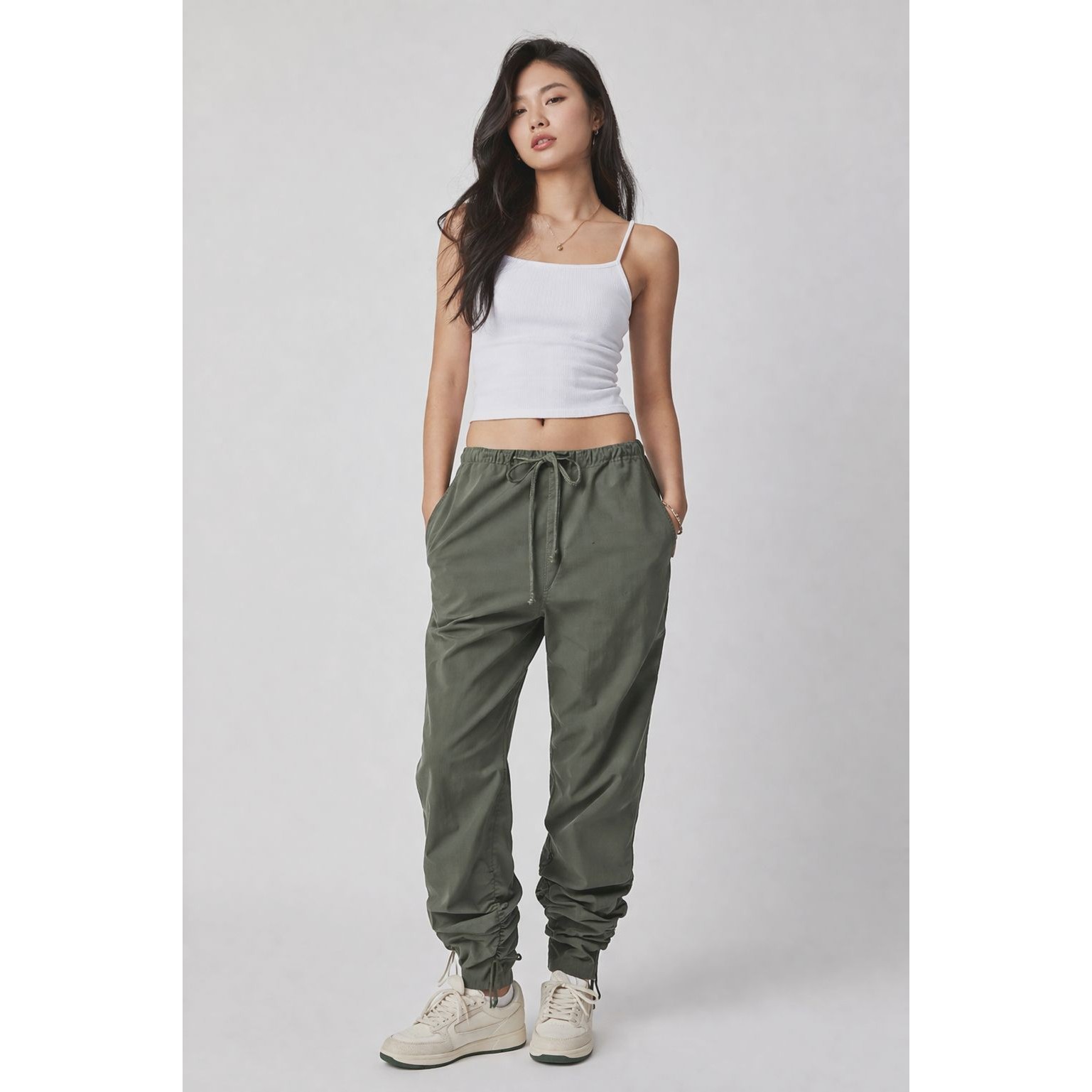Free People Army Green Parachute Pants Cotton Drawstring Ruched Hem Small S